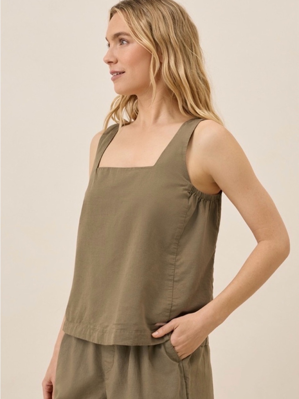 PACT Canopy Linen Blend Square Neck Tank Top Olive XL Lined Organic Cotton
